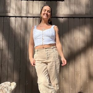 Free People White Lace Ruffle Crop Top Boho Button Front Tank Cami Large